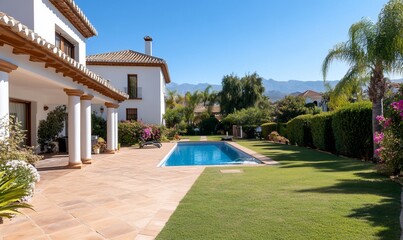 Obraz premium Luxury villa with pool, patio, and garden.