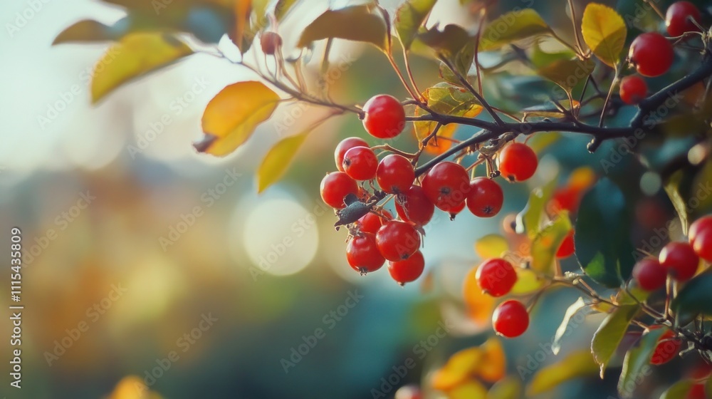 Poster a close-up of vibrant red berries on a branch with soft-focus greenery in the background.
