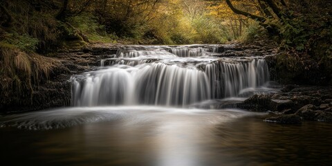 Fototapeta premium Long exposure of a waterfall cascading along the Eller Beck river, showcasing the beauty of flowing water in a serene natural setting near a train station.