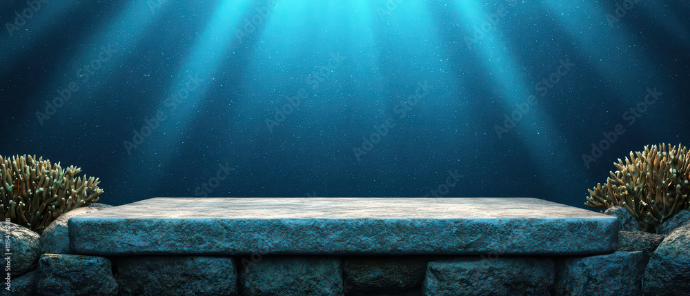 Poster serene underwater scene featuring stone podium surrounded by coral, illuminated by soft rays of ligh