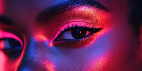 Vibrant close-up of an expressive eye reflecting colorful light patterns during an artistic makeup session at twilight