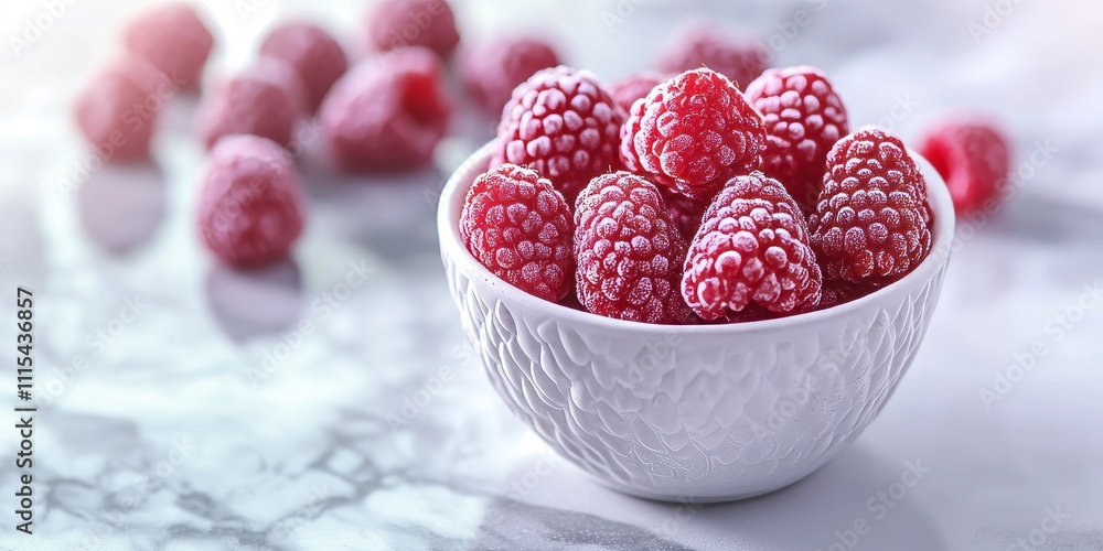 Poster thawed raspberry berries displayed in a cup on a white table create a delightful visual of fresh ras