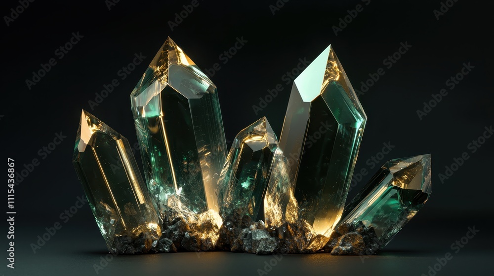 Poster floating crystalline shapes with sharp edges on dark background for creative design projects