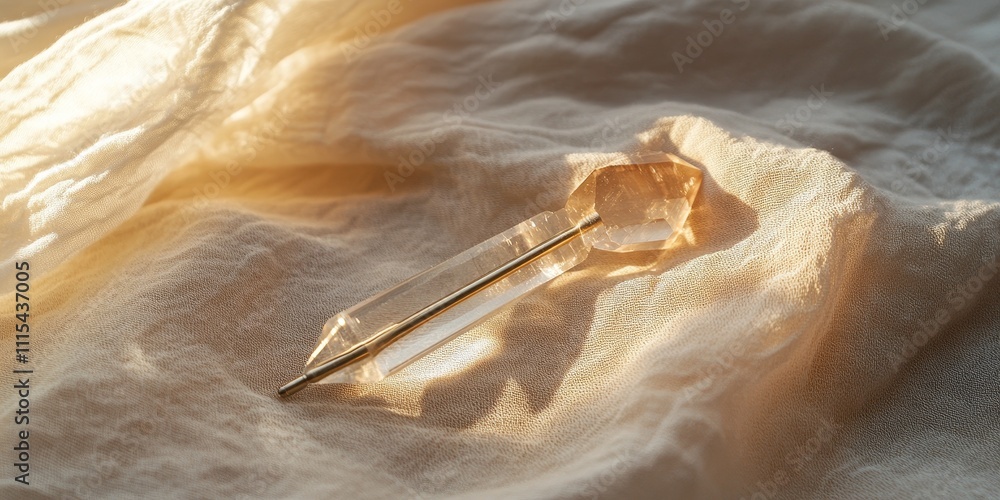 Aufkleber tuning fork and crystal resting on a fabric surface, showcasing the harmony between the tuning fork 
