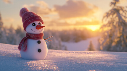 Fototapeta premium Snowy Winter Landscape with Frosty the Snowman at Sunrise