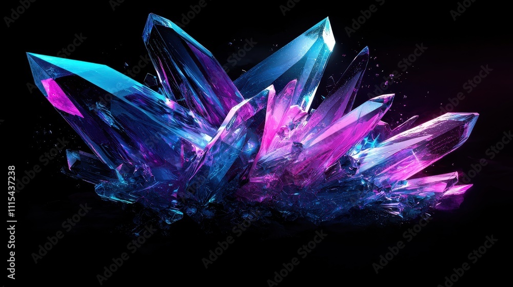 Poster ethereal floating crystalline shapes with sharp edges in vibrant colors against black background