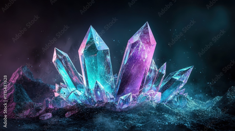 Poster ethereal floating crystals with sharp edges in vibrant colors and mystical lighting effects