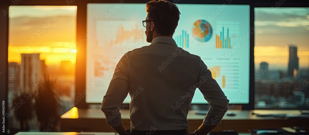 Poster a businessman in a suit and glasses stands in front of a large screen with charts and graphs display