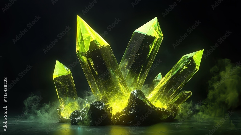 Poster floating crystalline shapes with sharp edges in ethereal green glow against dark background