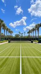 A bright tennis court surrounded by palm trees under a blue sky.
