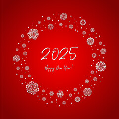 2025 happy new year. white text on red gradient with snowflakes frame. vector illustration. design template for greeting card, banner, invitation