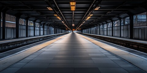 Obraz premium Deserted railway platform showcasing the essence of a quiet station. This empty platform evokes feelings of solitude and anticipation in the realm of travel and transportation.