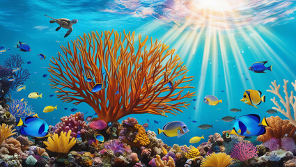 Obraz premium Underwater Scene - Tropical Seabed With Reef And Sunshine