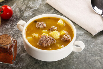Soup with beef meatball and vegetables