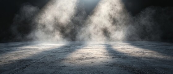 Fototapeta premium Dramatic Spotlight on Empty Stage with Atmospheric Smoke and Shadows Creating a Mysterious Ambiance
