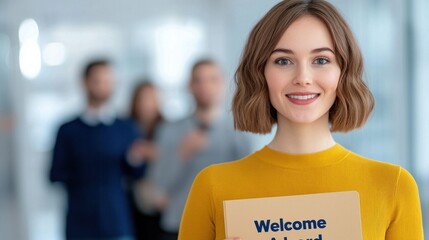 A smiling woman holds a "Welcome" sign, with blurred people in the background, suggesting a friendly and inviting atmosphere.