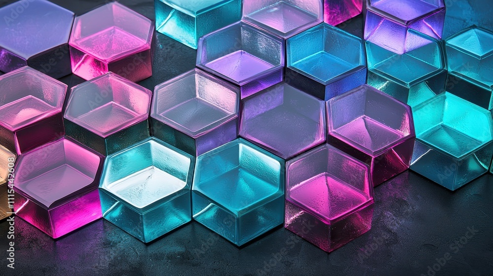 Poster intricate hexagonal and diamond shaped arrangement with vibrant colors and transparency effect