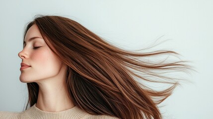 Fototapeta premium A woman with long hair is captured in profile with her hair flowing gently, set against a soft, light background.