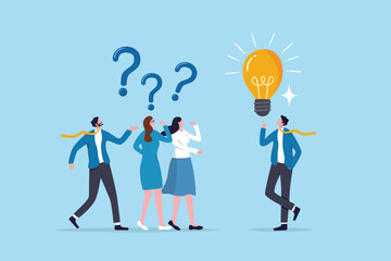 Question answer, advice or suggestion, solving problem with solution, q and a or faq, quiz or solution discovery, information guidance concept, businessman offer solution for people question marks.