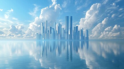 Fototapeta premium A stunning city skyline featuring iconic skyscrapers of Dubai and Shanghai reflected on the tranquil surface of a lake. The shimmering waters perfectly mirror the modern architecture, creating a breat