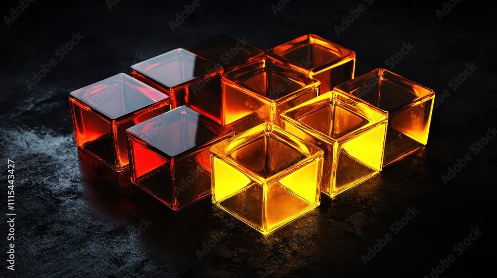 Poster intricate arrangement of hexagonal and diamond-shaped blocks with vibrant color contrast