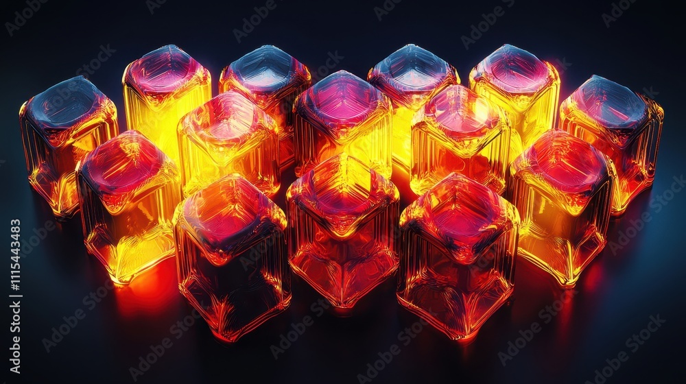 Poster intricate arrangement of hexagonal and diamond shaped blocks in vibrant red and yellow colors