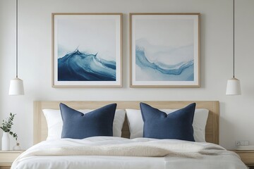 Modern Bedroom Decor: Calming Ocean Wave Art Creates Serene Ambiance with Wooden Accents and Soft Textiles.