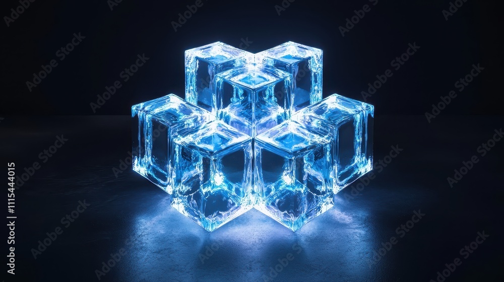 Poster intricate hexagonal arrangement of diamond shaped ice blocks illuminated with blue light