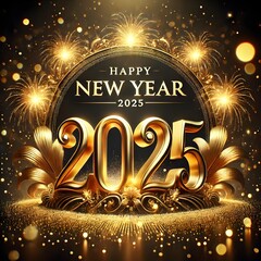 Luxurious Golden Happy New Year 2025 Celebration Design with Fireworks
