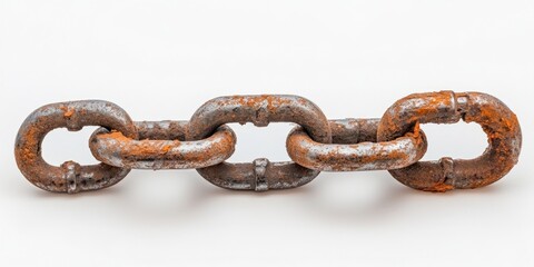 Obraz premium Worn and dirty chain resting on a white background, emphasizing the texture and condition of the dirty chain, perfect for showcasing wear and industrial themes in photography.