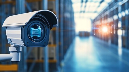 Supply chain security risks concept. Surveillance camera monitoring a warehouse environment