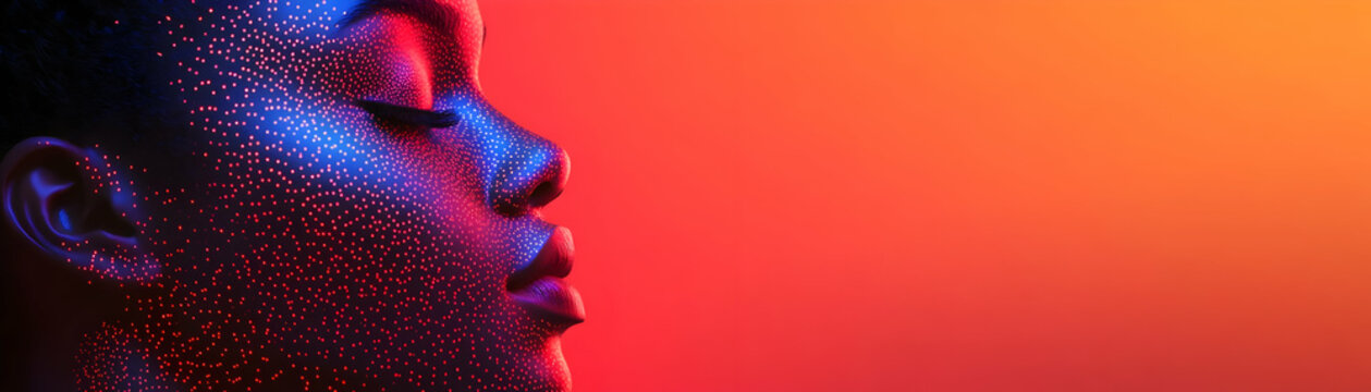 Multicultural team member coding on futuristic holographic interface with macro close up and digital abstract background with copy space concept as A macro close up of a multicultural team member codi
