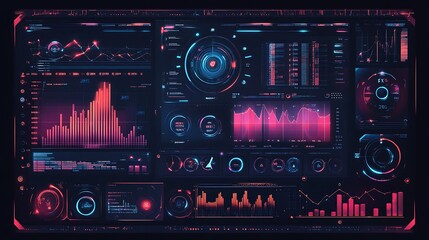 Futuristic data dashboard displaying analytics and metrics in a vibrant, neon style.