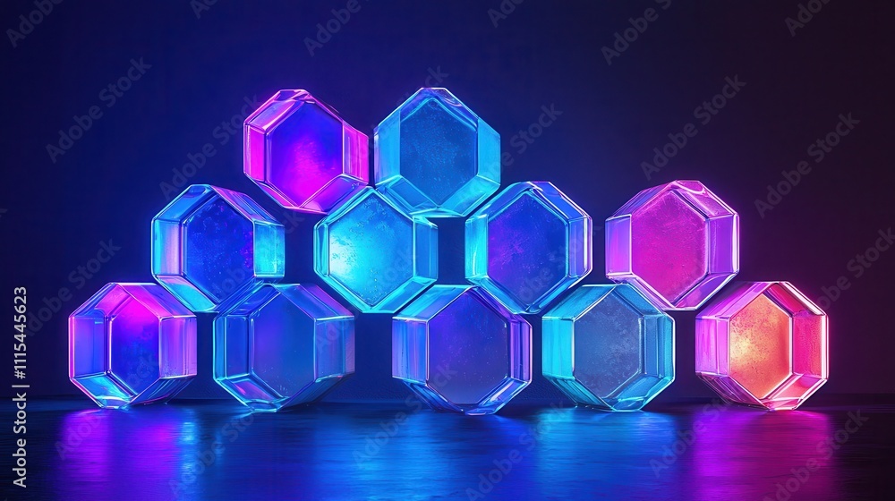Poster intricate arrangement of hexagonal and diamond shapes with colorful lighting effects