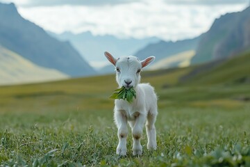 Obraz premium Adorable Baby Goat Grazes on Lush Grass in Mountain Pasture, Enjoying Serene Nature Scenery. Wildlife Beauty.
