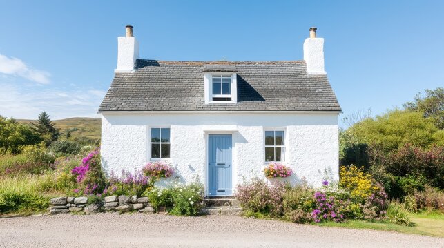 Charming white Scottish croft house surrounded by wildflowers