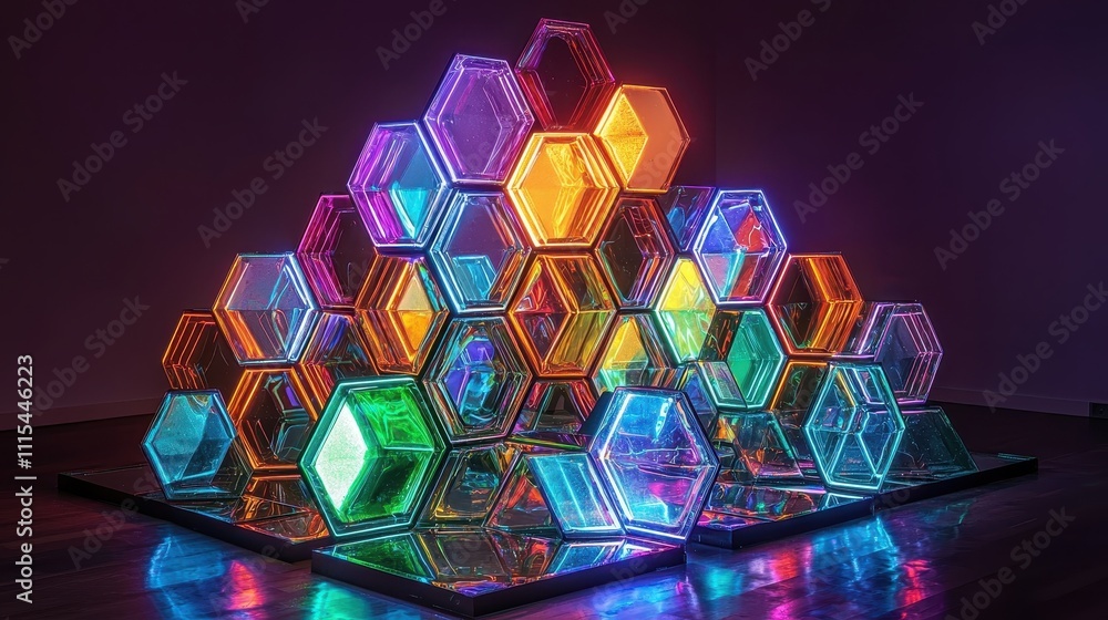 Poster intricate arrangement of colorful hexagonal and diamond shaped objects in vibrant light