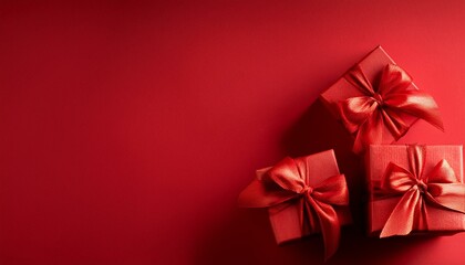 Festive red tied bow gift boxes against red background