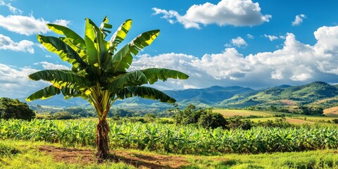 Naklejka premium Banana tree thriving in a vibrant field setting, showcasing the beauty of banana tree growth in a natural environment, highlighting the flourishing characteristics of the banana tree.