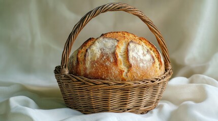Rustic sourdough bread in a wicker basket on a white cloth.
