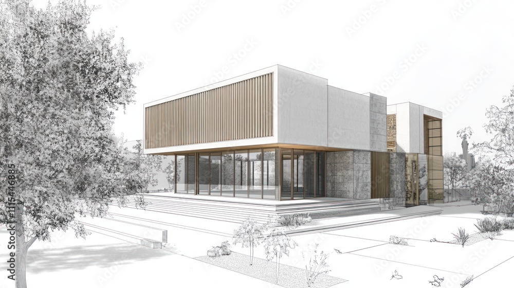 Poster modern architectural rendering of a building with a minimalist design and landscaped surroundings.