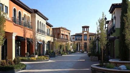 Fototapeta premium Scenic view of a charming shopping plaza with colorful buildings.