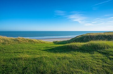 Obraz premium A clean and spacious grassy field with a clear blue sky, perfect for a car advertisement backdrop. An empty parking lot stretches out, with the vast ocean visible in the distance, creating an ideal se