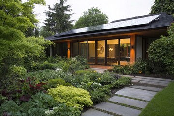 Obraz premium Modern home with solar panels and lush garden.