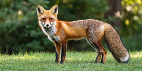 Fototapeta premium Red fox standing gracefully on lush grass, showcasing the beauty of wildlife with its vibrant fur and alert demeanor. This red fox captures the essence of nature in a serene setting.