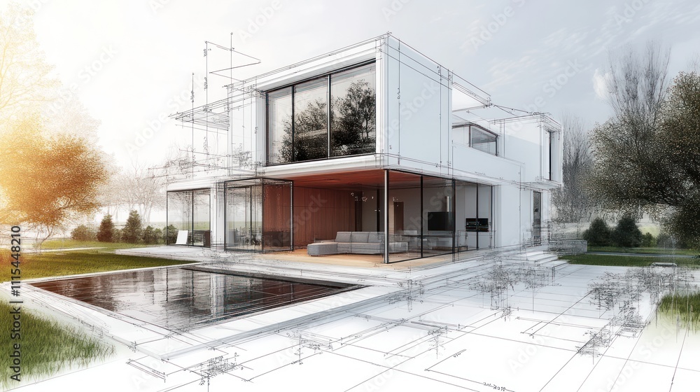 Aufkleber modern architectural design with a pool and landscaping in a blueprint style.