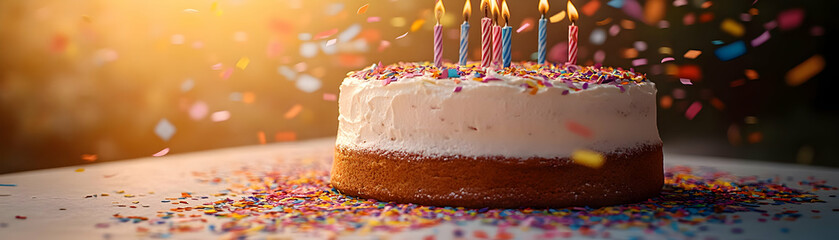 Vibrant Confetti Falling Around Birthday Cake Macro Shot for Celebration Themes