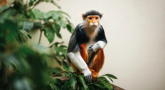 Elegant red-shanked douc langur resting in lush green foliage