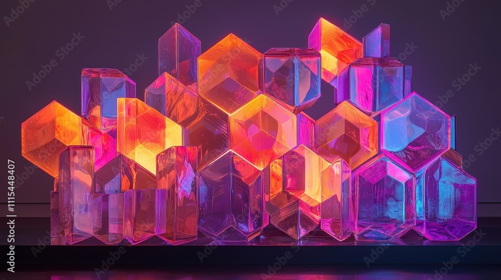 Poster intricate arrangement of hexagonal and diamond-shaped elements with vibrant colors and shapes