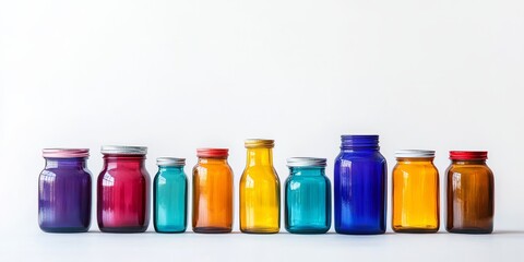 Blank mock up advertising featuring a variety of colored jars, showcasing ample copy space, all isolated against a clean, white background for effective visual appeal in your designs.